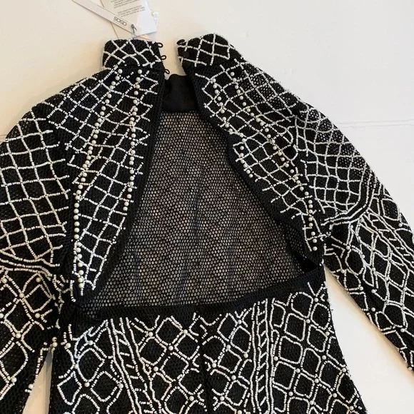 NEW asos Women’s Size 4 Small Black and White Long Sleeve Beaded Mini Dress - Picture 10 of 11